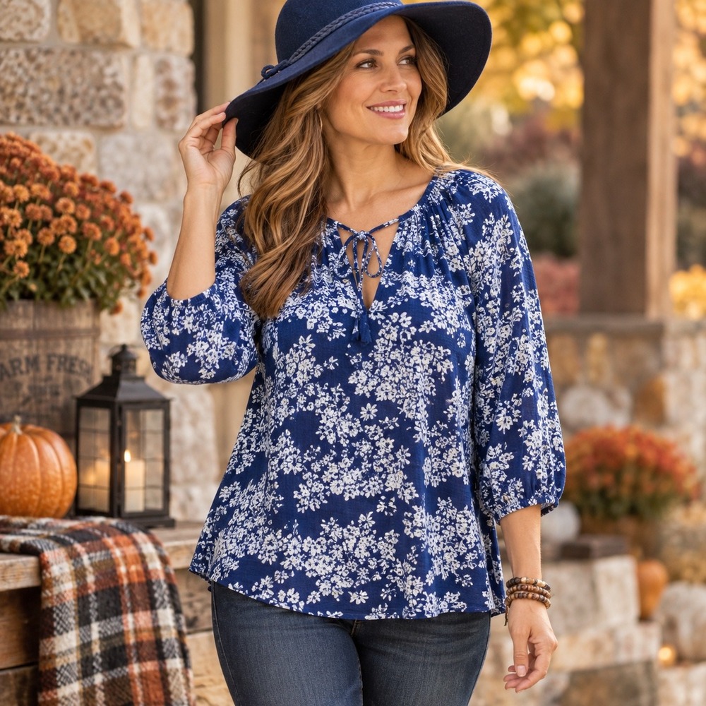 Abercrombie Fitchâ Size Xl Women Jade Blue White Floral Print 3/4 Sleeve Boho